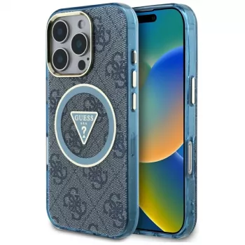 Guess IML Metal Glitter 4G Circle Triangle funda MagSafe para iPhone 16 Pro (azul)