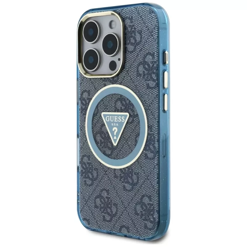 Guess IML Metal Glitter 4G Circle Triangle funda MagSafe para iPhone 16 Pro (azul)