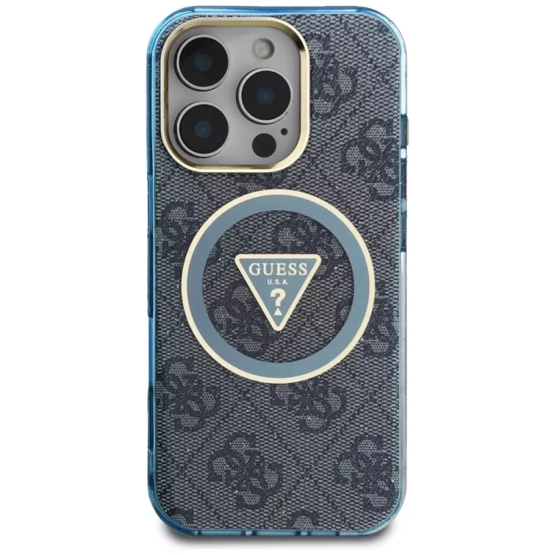 Guess IML Metal Glitter 4G Circle Triangle funda MagSafe para iPhone 16 Pro (azul)