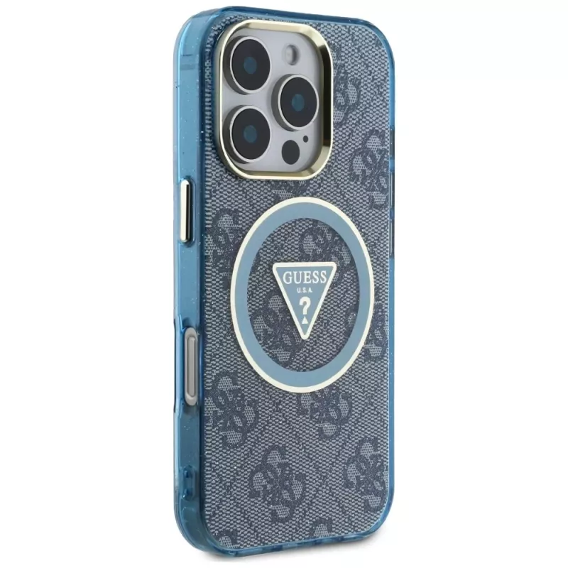 Guess IML Metal Glitter 4G Circle Triangle funda MagSafe para iPhone 16 Pro (azul)