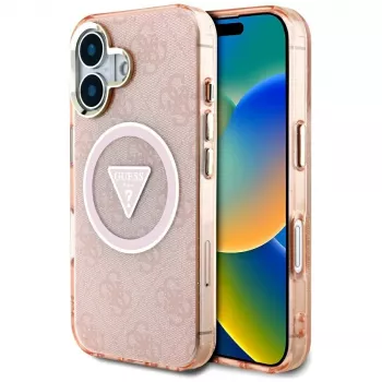 Guess IML Metal Glitter 4G Circle Triangle funda MagSafe para iPhone 16 (rosa)