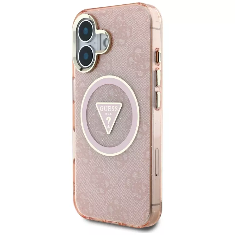 Guess IML Metal Glitter 4G Circle Triangle funda MagSafe para iPhone 16 (rosa)