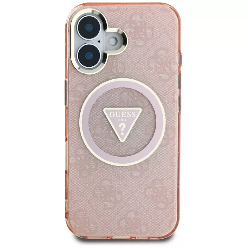 Guess IML Metal Glitter 4G Circle Triangle funda MagSafe para iPhone 16 (rosa)