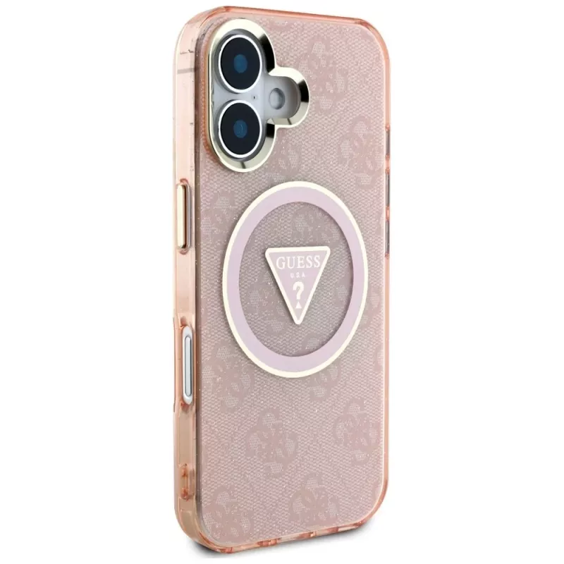Guess IML Metal Glitter 4G Circle Triangle funda MagSafe para iPhone 16 (rosa)