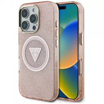 Guess IML Metal Glitter 4G Circle Triangle funda trasera MagSafe para Apple iPhone 16 Pro (rosa)