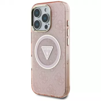 Guess IML Metal Glitter 4G Circle Triangle funda trasera MagSafe para Apple iPhone 16 Pro (rosa)