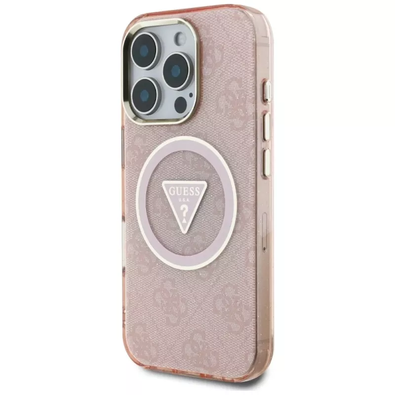 Guess IML Metal Glitter 4G Circle Triangle funda trasera MagSafe para Apple iPhone 16 Pro (rosa)