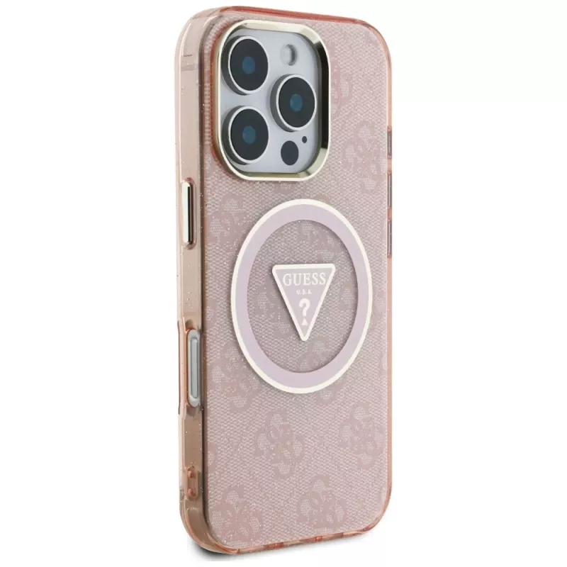 Guess IML Metal Glitter 4G Circle Triangle funda MagSafe para Apple iPhone 16 Pro Max (rosa)