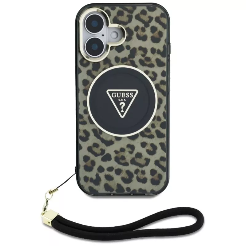 Guess HC IML Leopard Triangle funda para iPhone 16 con cordón, marrón, MagSafe