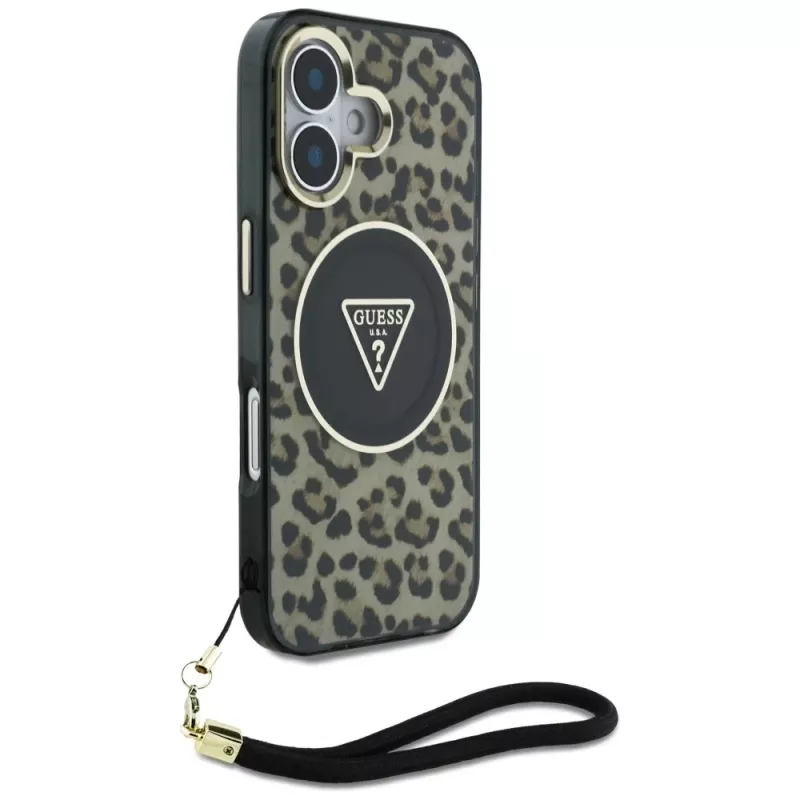 Guess HC IML Leopard Triangle funda para iPhone 16 con cordón, marrón, MagSafe