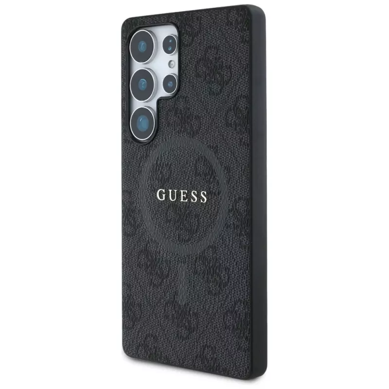 Guess Leather 4G Colored Ring Classic Logo Funda trasera MagSafe para Samsung Galaxy S25 Ultra, Negro
