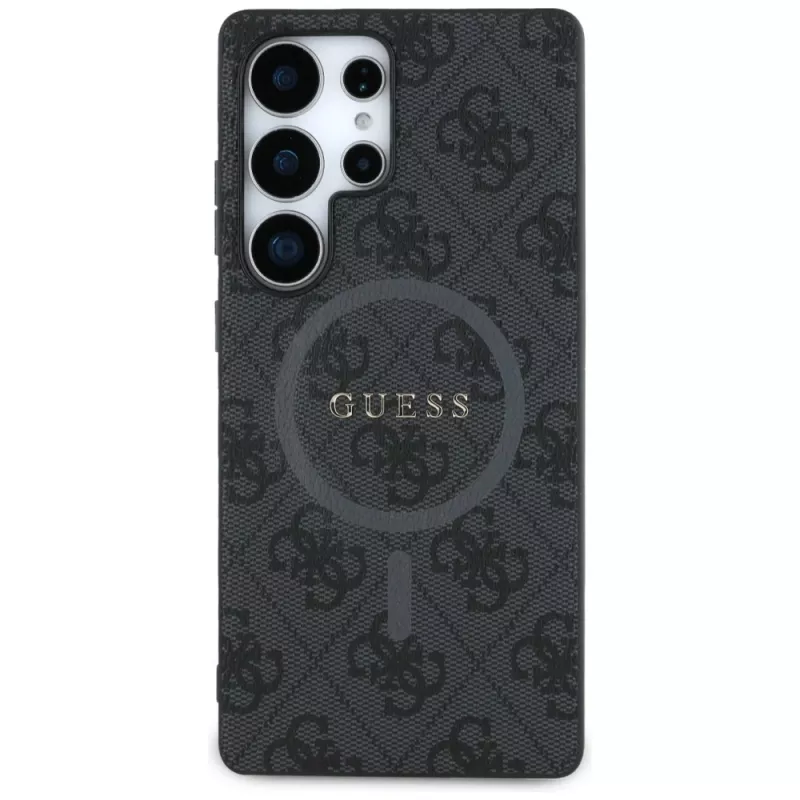 Guess Leather 4G Colored Ring Classic Logo Funda trasera MagSafe para Samsung Galaxy S25 Ultra, Negro