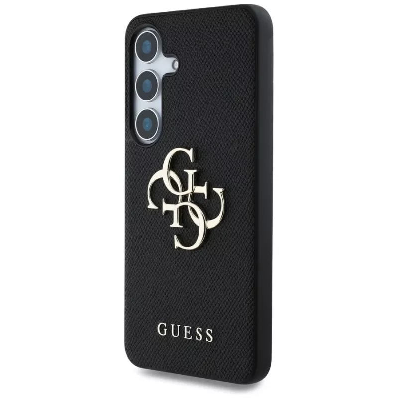Guess Grained Big 4G Logo Small Classic Logo Funda trasera para Samsung Galaxy S25, Negro