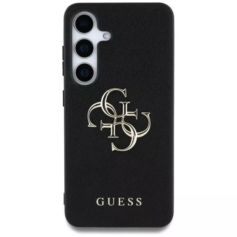 Guess Grained Big 4G Logo Small Classic Logo Funda trasera para Samsung Galaxy S25, Negro