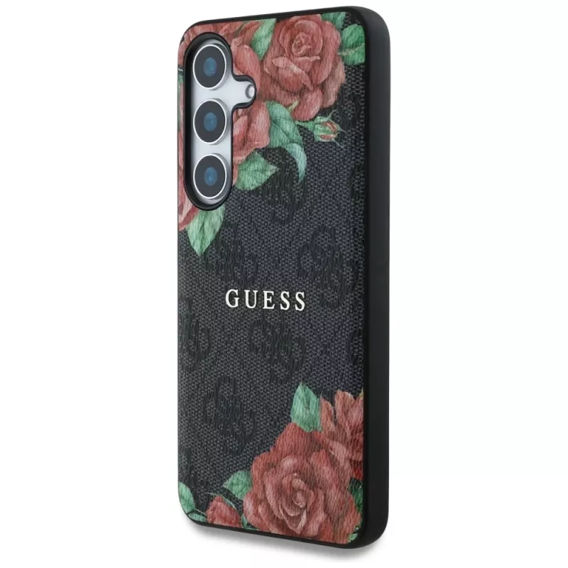Guess Leather 4G Flowers Print Metal Classic Logo Funda MagSafe para Samsung Galaxy S25, Negro
