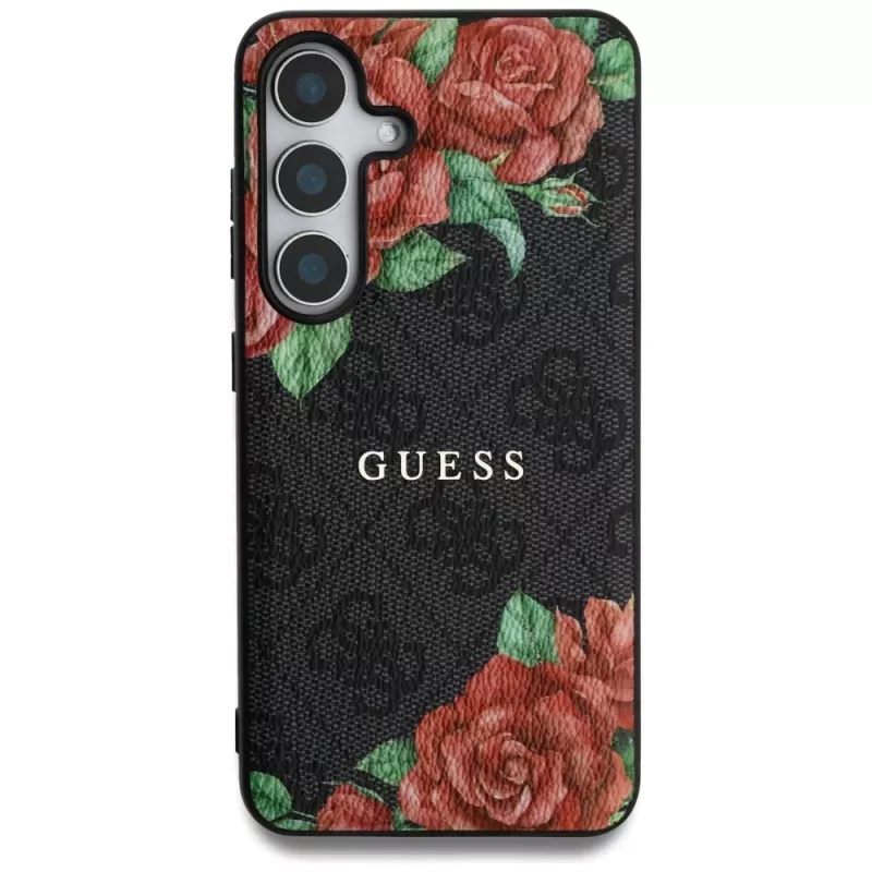 Guess Leather 4G Flowers Print Metal Classic Logo Funda MagSafe para Samsung Galaxy S25, Negro