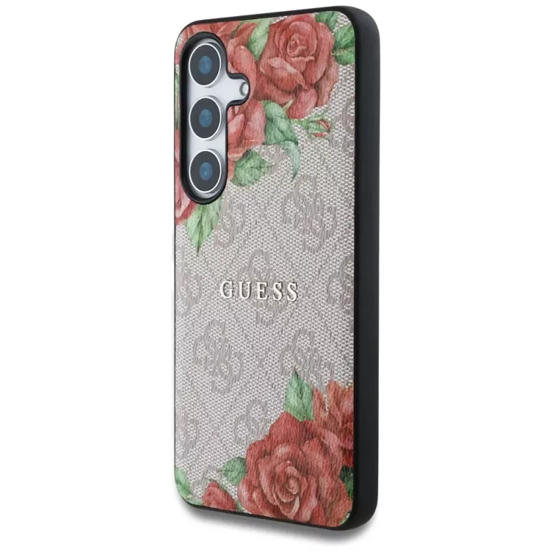 Guess Leather 4G Flowers Print Metal Classic Logo Funda MagSafe para Samsung Galaxy S25 Rosa