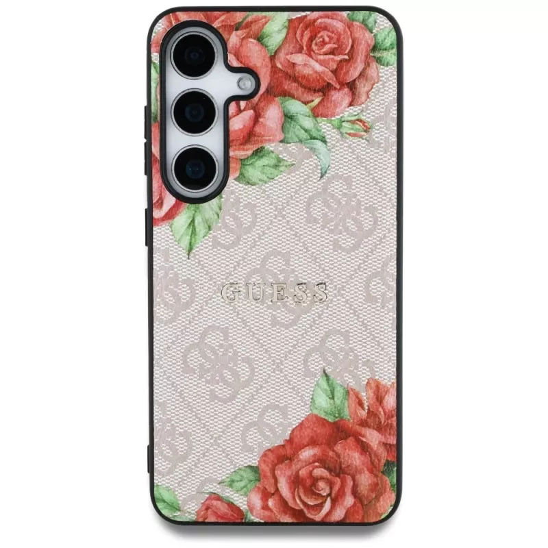Guess Leather 4G Flowers Print Metal Classic Logo Funda MagSafe para Samsung Galaxy S25 Rosa