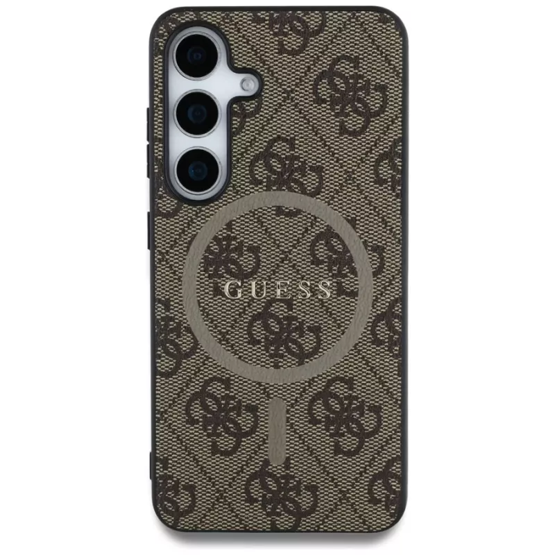 Guess Leather 4G Colored Ring Classic Logo Funda MagSafe para Samsung Galaxy S25 (Marrón)