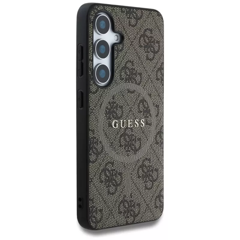 Guess Leather 4G Colored Ring Classic Logo Funda MagSafe para Samsung Galaxy S25 (Marrón)