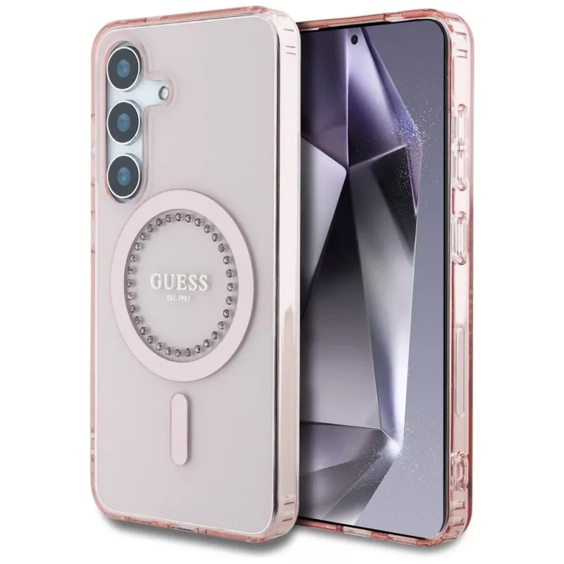 Guess Rhinestones Printed Classic Logo Funda MagSafe para Samsung Galaxy S25 (Rosa)