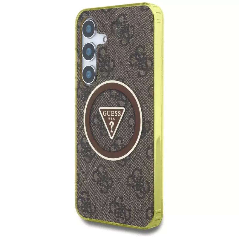 Guess 4G Glitter Triangle Buttons Funda MagSafe para Samsung Galaxy S25 (Marrón)