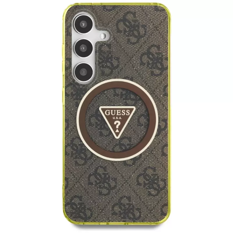 Guess 4G Glitter Triangle Buttons Funda MagSafe para Samsung Galaxy S25 (Marrón)