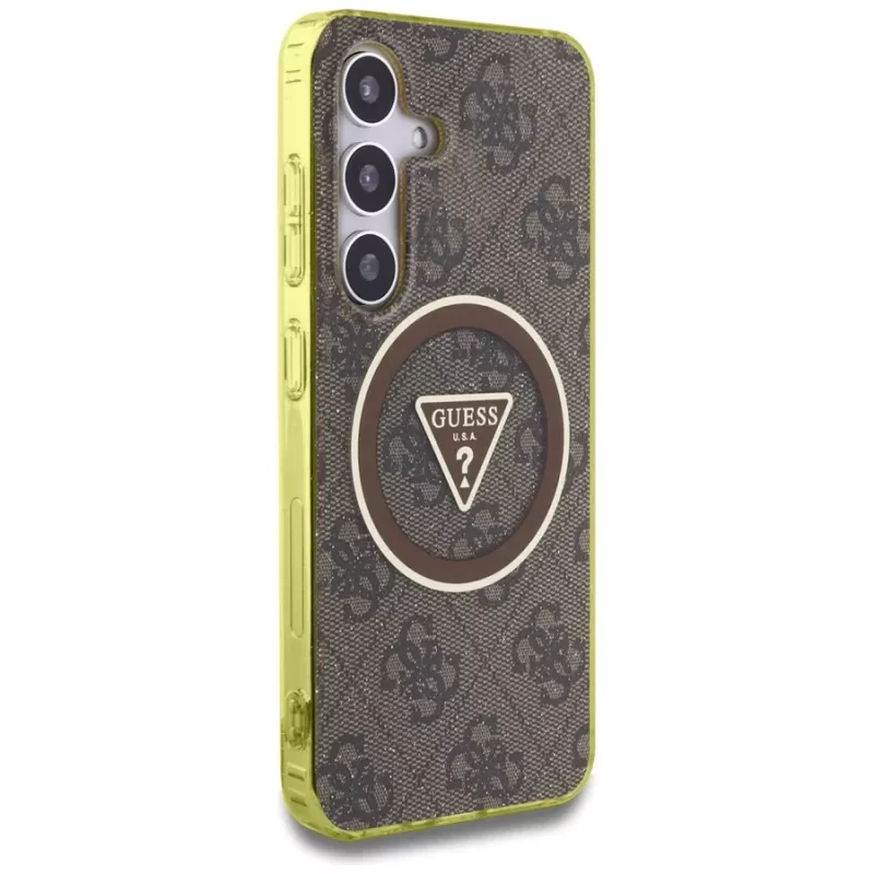 Guess 4G Glitter Triangle Buttons Funda MagSafe para Samsung Galaxy S25 (Marrón)