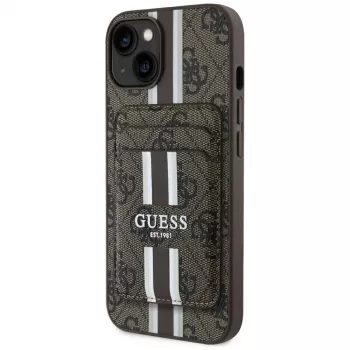 Guess Funda cartera 4G Stripes con MagSafe para iPhone 15, marrón