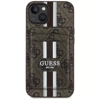 Guess Funda cartera 4G Stripes con MagSafe para iPhone 15, marrón