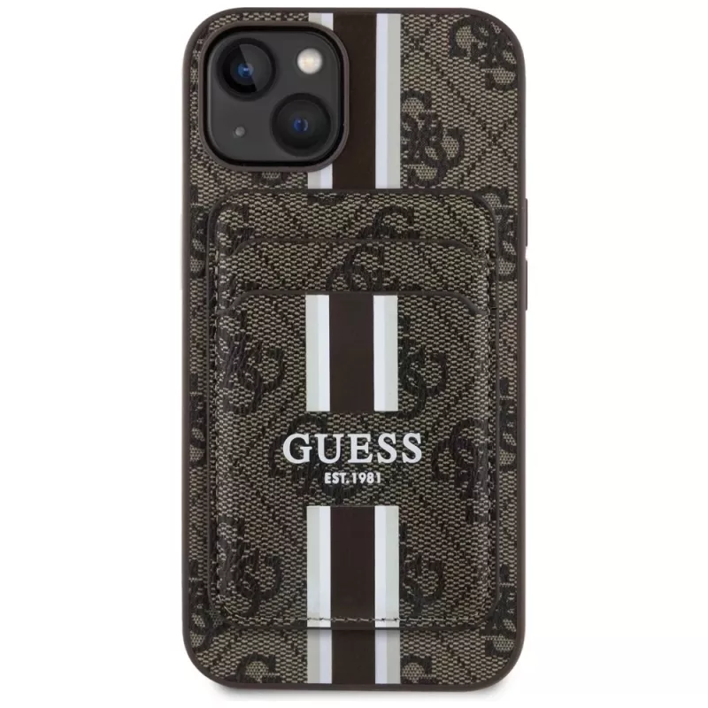 Guess Funda cartera 4G Stripes con MagSafe para iPhone 15, marrón