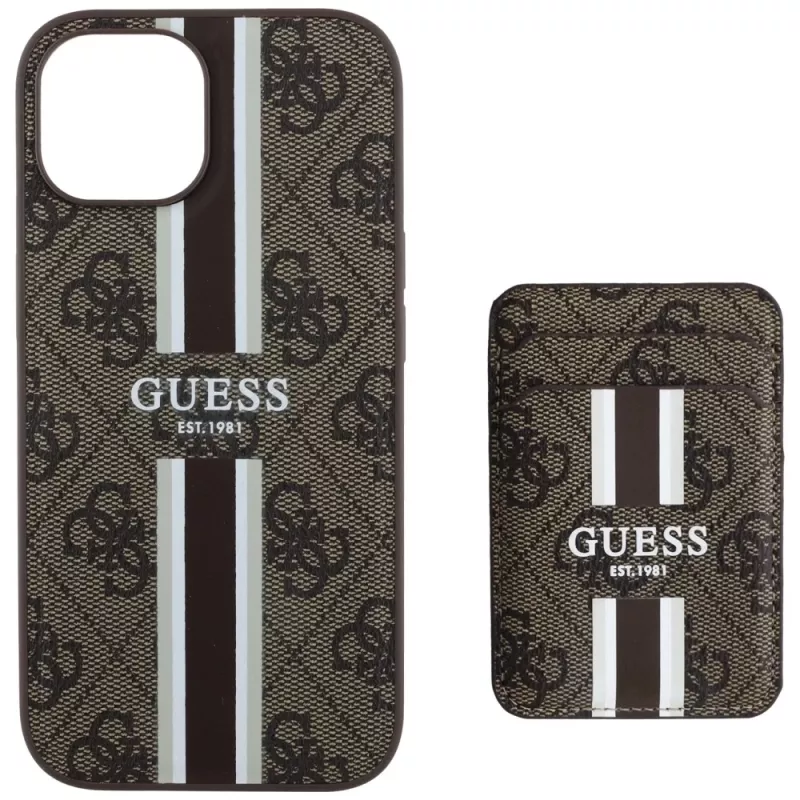 Guess Funda cartera 4G Stripes con MagSafe para iPhone 15, marrón