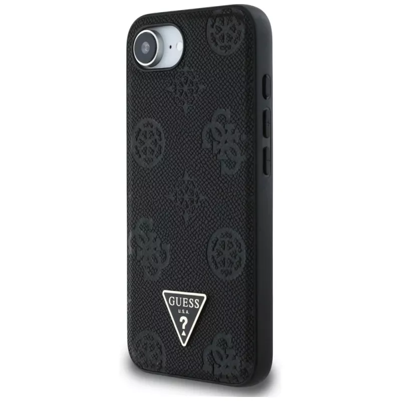 Guess Funda MagSafe Grained Hot Stamp Peony Triangle Logo para iPhone 16e (negro)