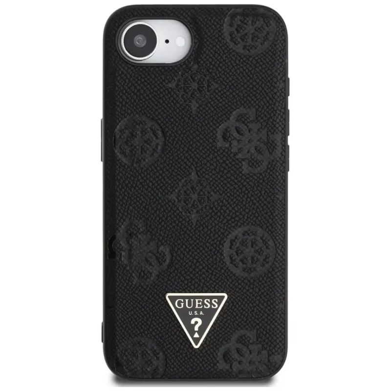 Guess Funda MagSafe Grained Hot Stamp Peony Triangle Logo para iPhone 16e (negro)