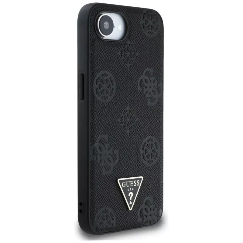 Guess Funda MagSafe Grained Hot Stamp Peony Triangle Logo para iPhone 16e (negro)