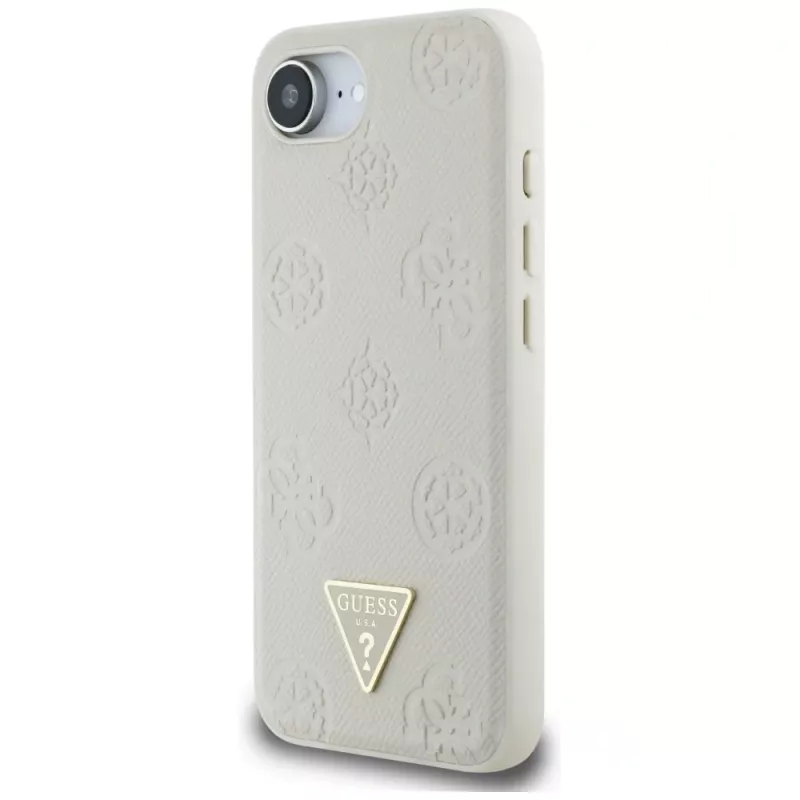 Guess Funda MagSafe Grained Hot Stamp Peony Triangle Logo para iPhone 16e (beige)