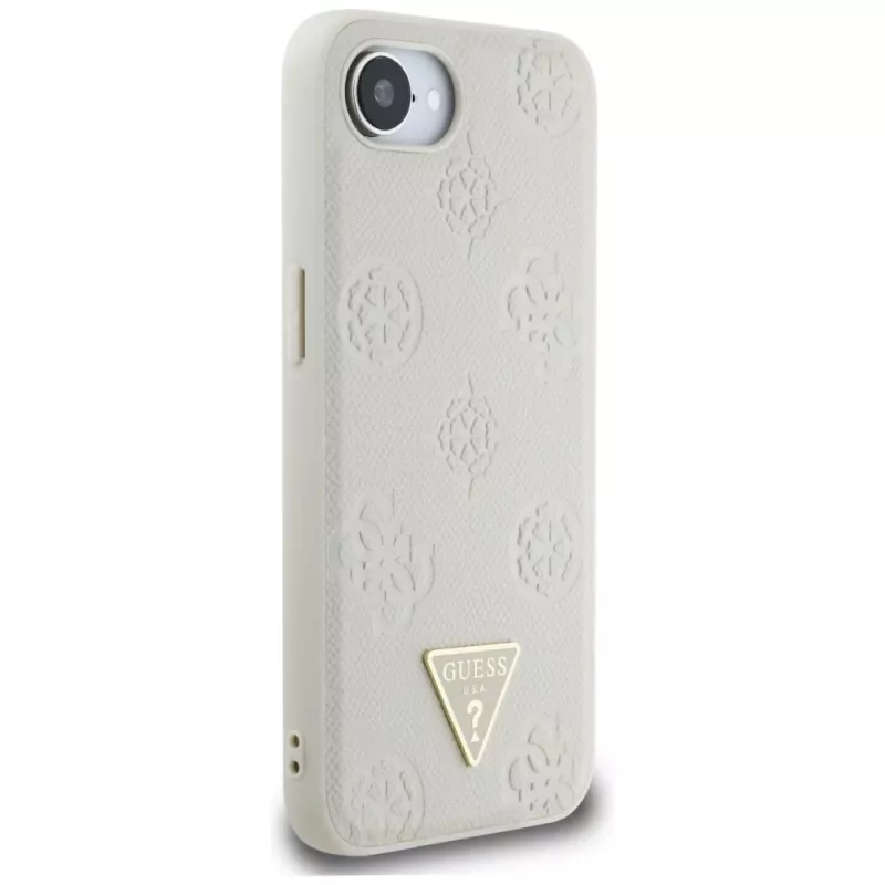 Guess Funda MagSafe Grained Hot Stamp Peony Triangle Logo para iPhone 16e (beige)