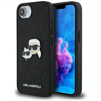 Karl Lagerfeld Funda Fixed Glitter Karl & Choupette Heads Metal Pin para Apple iPhone 16e (negro)