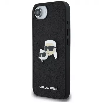 Karl Lagerfeld Funda Fixed Glitter Karl & Choupette Heads Metal Pin para Apple iPhone 16e (negro)