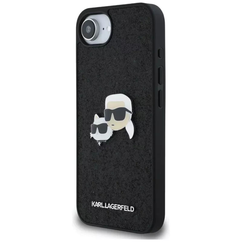 Karl Lagerfeld Funda Fixed Glitter Karl & Choupette Heads Metal Pin para Apple iPhone 16e (negro)