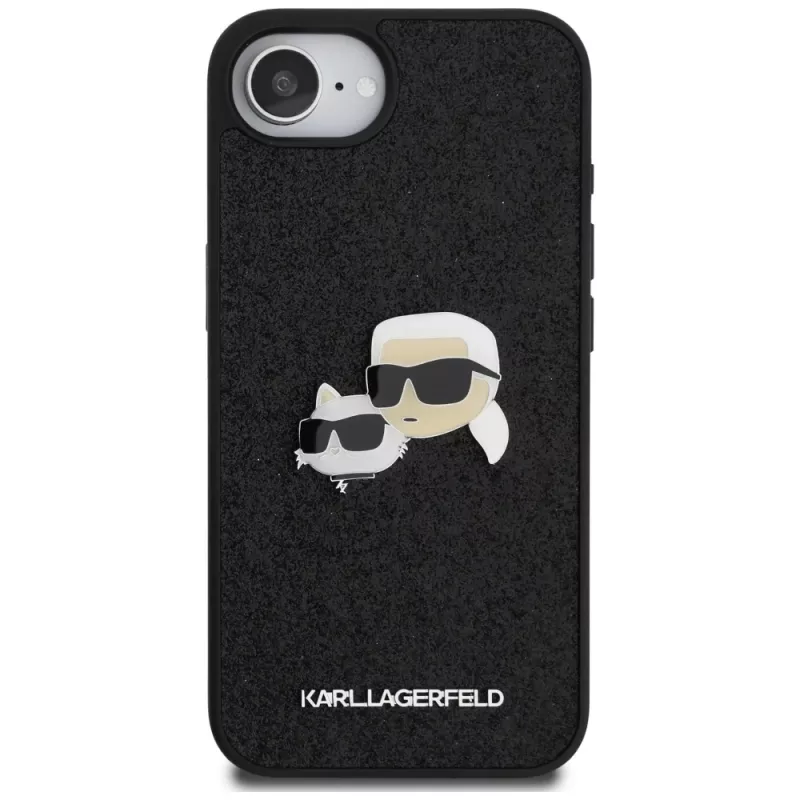 Karl Lagerfeld Funda Fixed Glitter Karl & Choupette Heads Metal Pin para Apple iPhone 16e (negro)