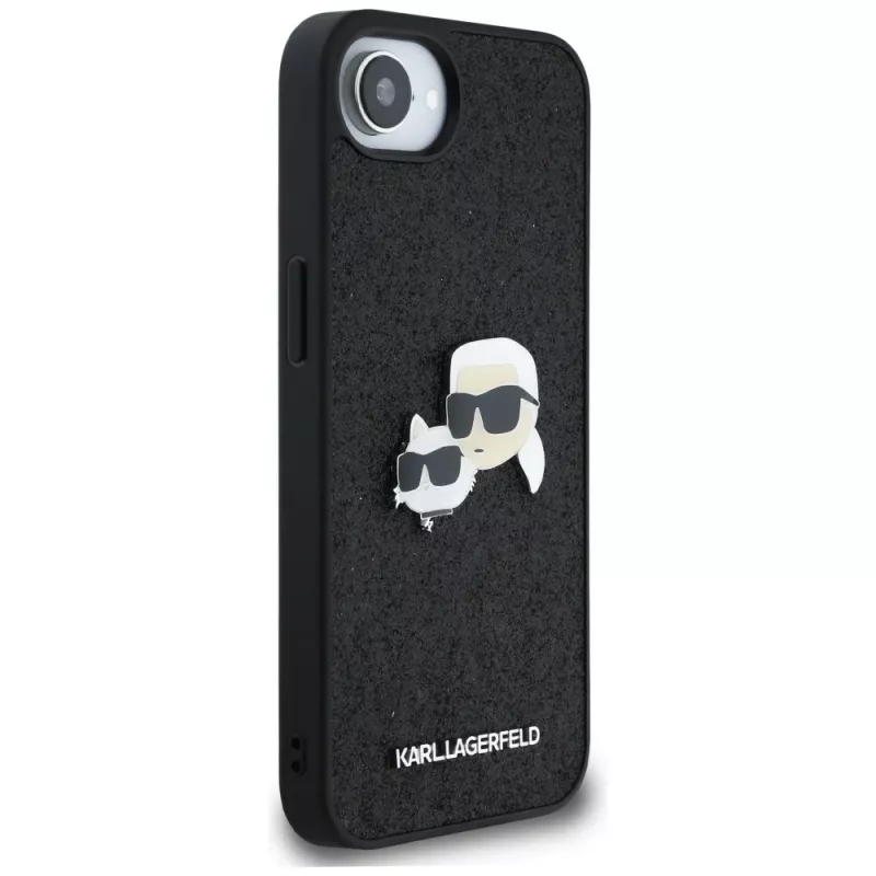 Karl Lagerfeld Funda Fixed Glitter Karl & Choupette Heads Metal Pin para Apple iPhone 16e (negro)