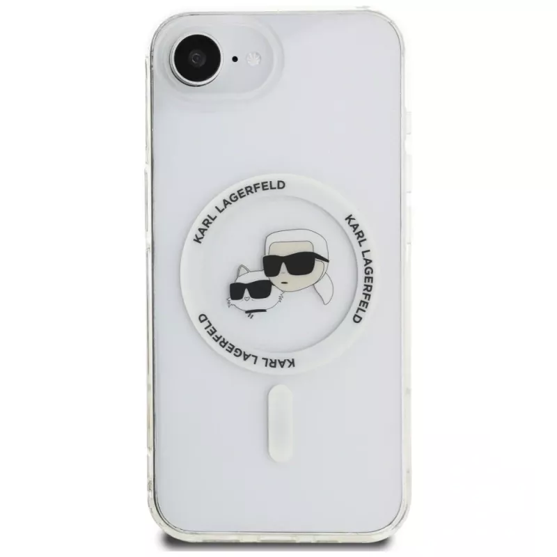KARL LAGERFELD Funda MagSafe IML Metal Karl & Choupette Heads para iPhone 16e/17e, blanco