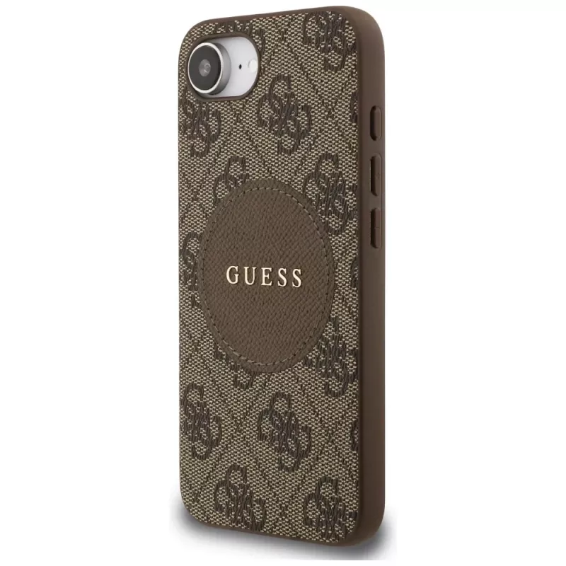 Guess Funda MagSafe 4G Circle Classic Logo para iPhone 16e (marrón)