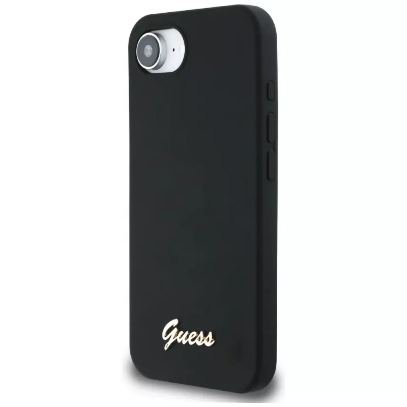 Guess Funda MagSafe Silicone Script Metal Logo para iPhone 16e (negro)