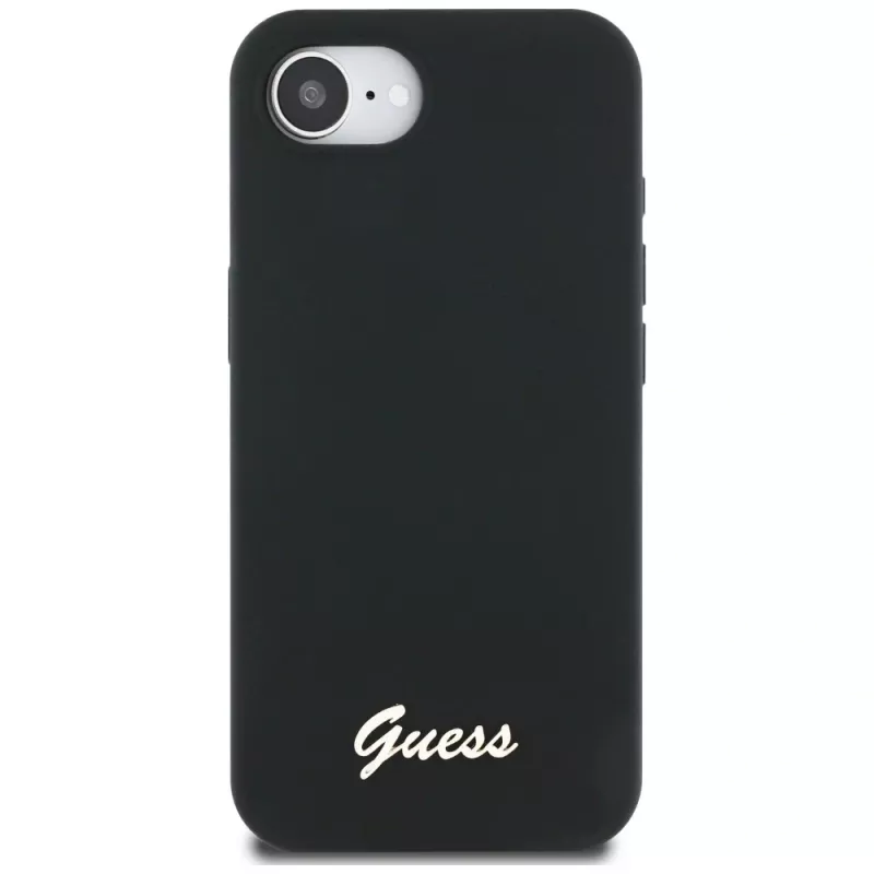Guess Funda MagSafe Silicone Script Metal Logo para iPhone 16e (negro)