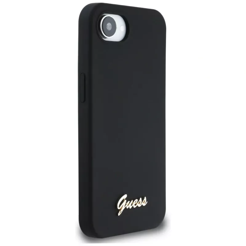 Guess Funda MagSafe Silicone Script Metal Logo para iPhone 16e (negro)