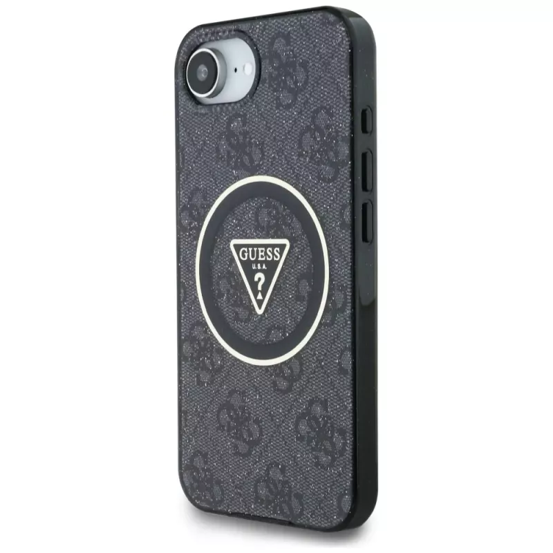 Guess Funda MagSafe IML Metal Glitter 4G Circle Triangle para iPhone 16e (negro)
