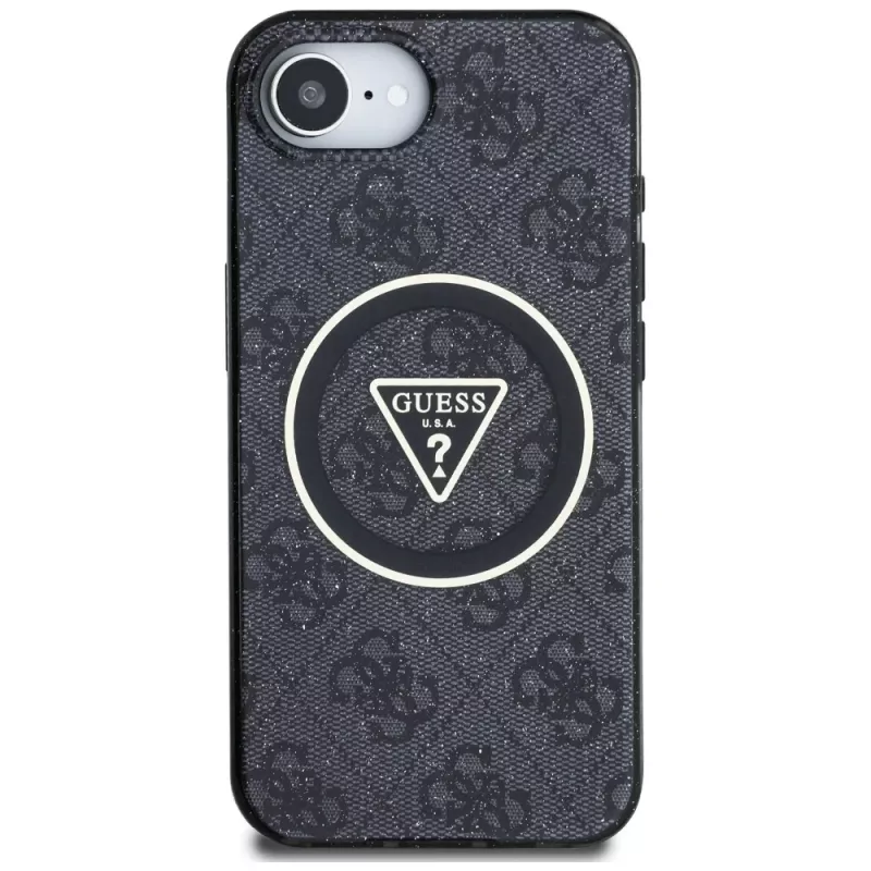 Guess Funda MagSafe IML Metal Glitter 4G Circle Triangle para iPhone 16e (negro)