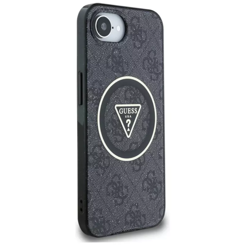 Guess Funda MagSafe IML Metal Glitter 4G Circle Triangle para iPhone 16e (negro)